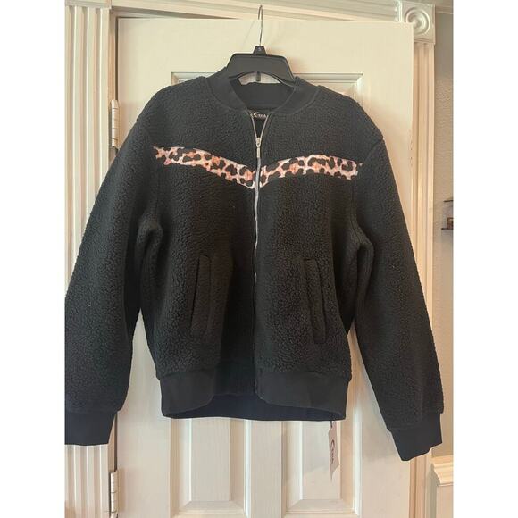 Zyia Active Black Leopard Flying V Full Zip Fleece Jacket Women Large Preppy - Picture 1 of 10